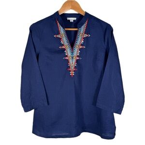 Nurture Woman’s 100% Linen Embroidered V-Neck Tunic M Aztec Southwestern Navy